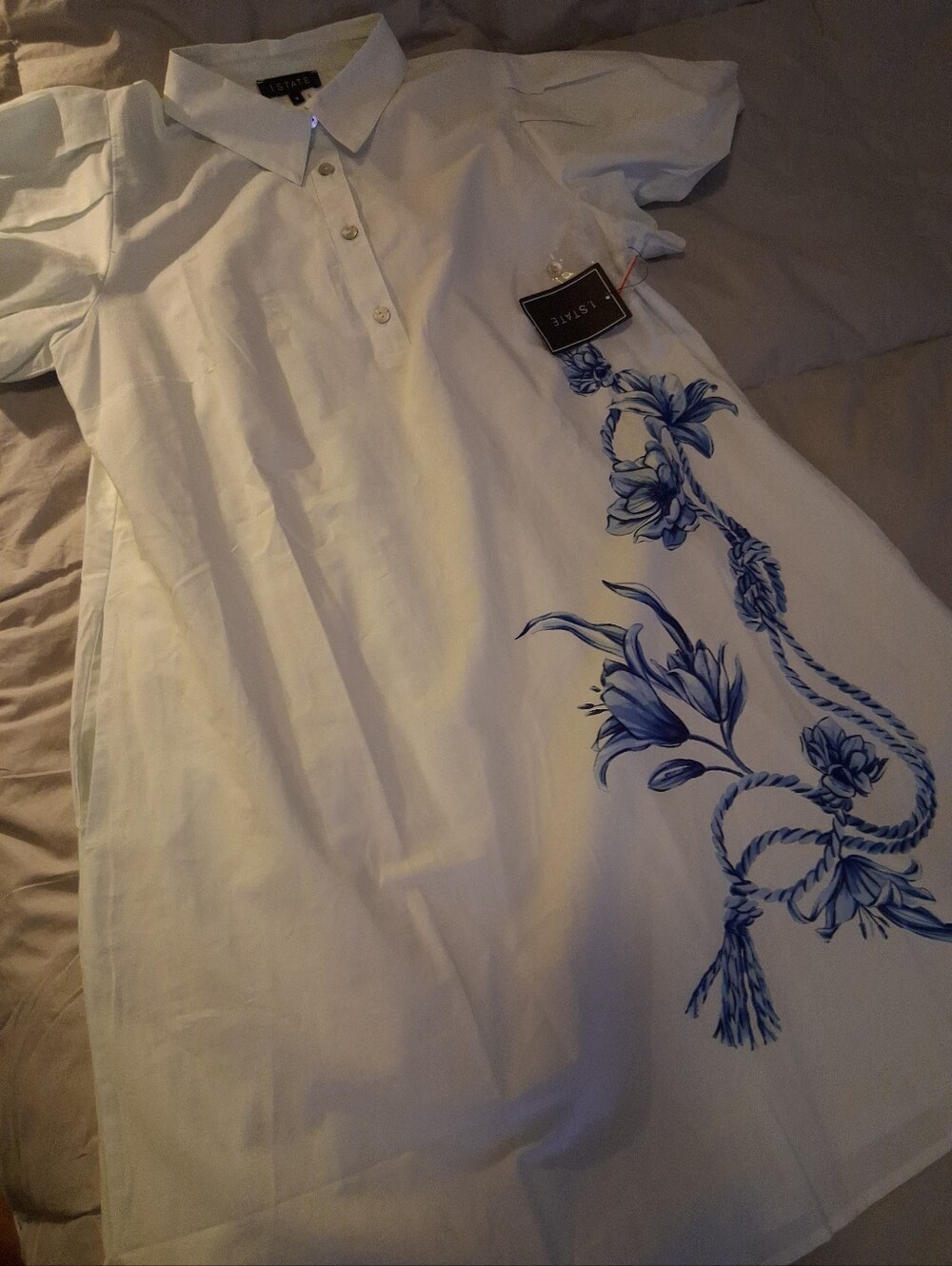 NWT 1.STATE Pale Baby Blue Floral Cotton Mid-Length POCKETED Shirt Dress